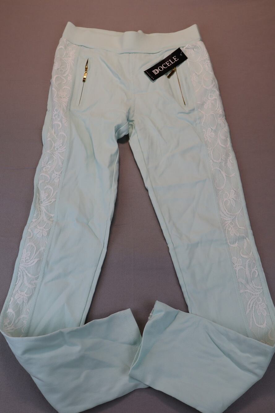 NEW Docele Pants Womens Light Blue Lace Trim Zip Pockets High Rise Size S